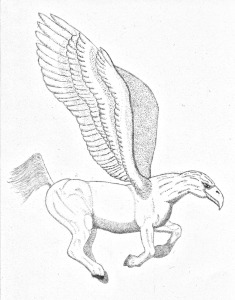In the sky, they flew and galloped while cavorting overhead, Carried on each horse's body eagle's wings and eagle's head. From: The Staff in the Tree by Robert Lambert Jones III