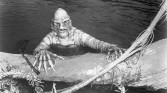 A scene from the film Creature From the Black Lagoon, with the monster "The Gill Man" (played by Ben Chapman) emerging from the murky waters onto a log.